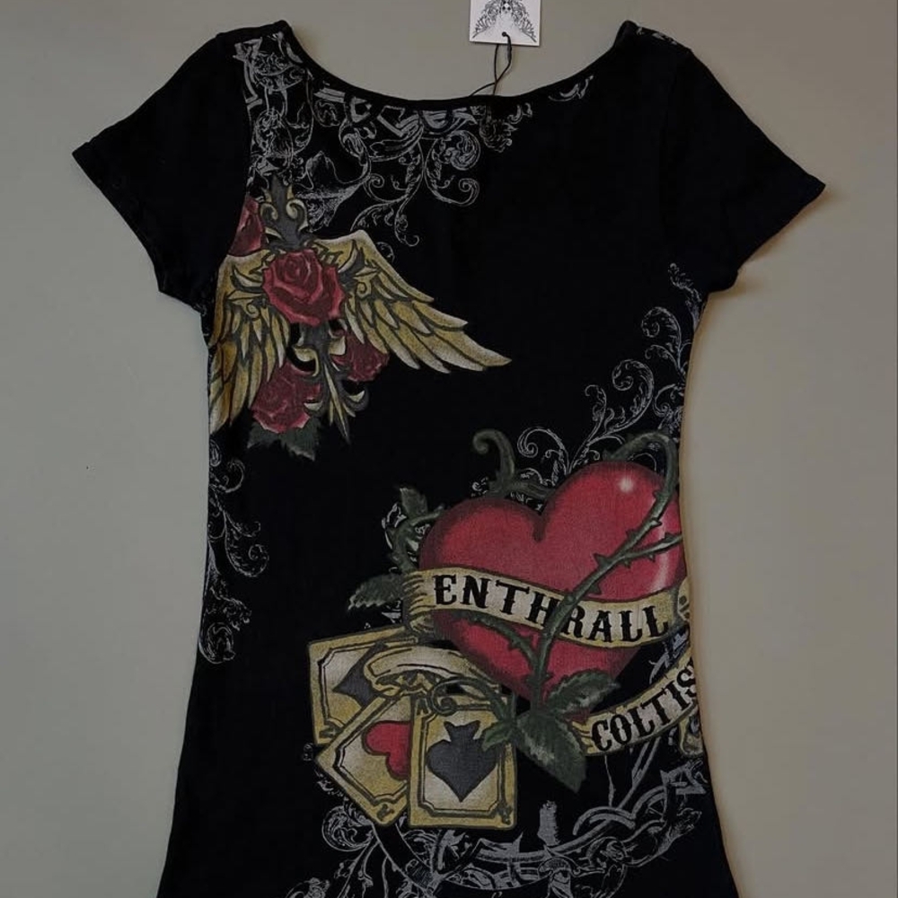 Black Graphic T-Shirt with Red and Gold Design